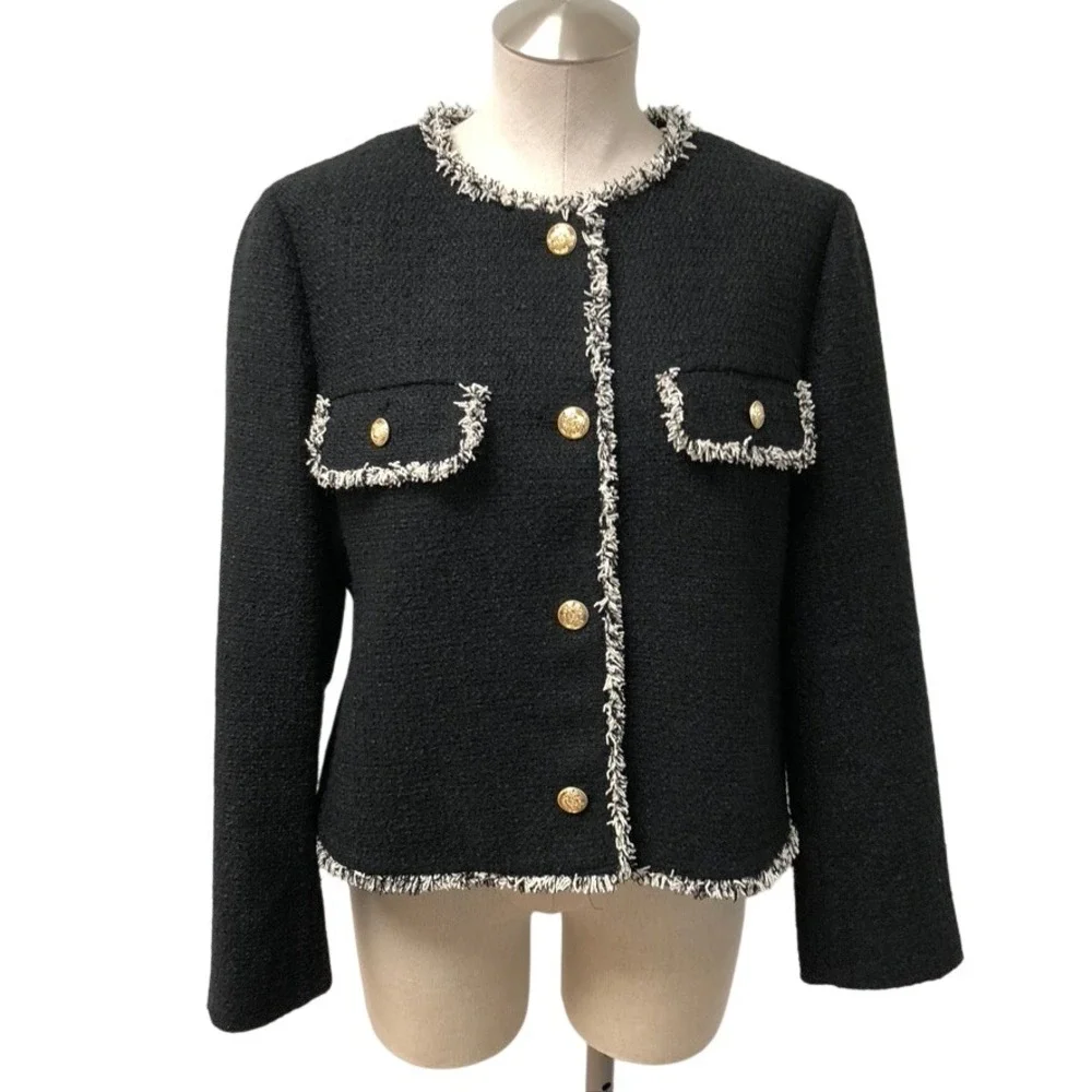 Loft Tweed Jacket Womens Large Black White Fringe Gold‎ Button Professional